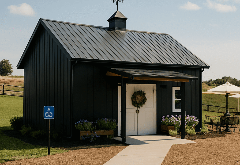  Small black building with white double doors, wreath, flower planters, and outdoor seating area