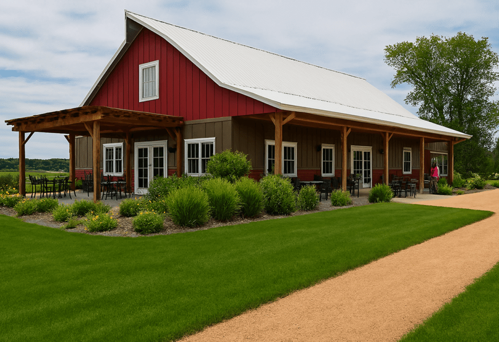 Rustic red and brown building with white metal roof, outdoor seating, and landscaped garden