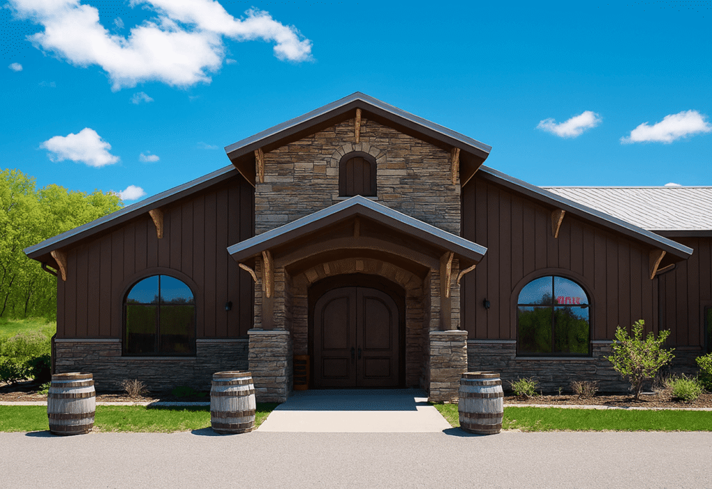  Rustic building with stone archway, wooden doors, and barrels in front