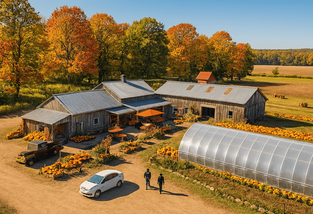 Autumn farm scene with wooden buildings, greenhouse, pumpkins, and vibrant fall foliage under clear blue sky