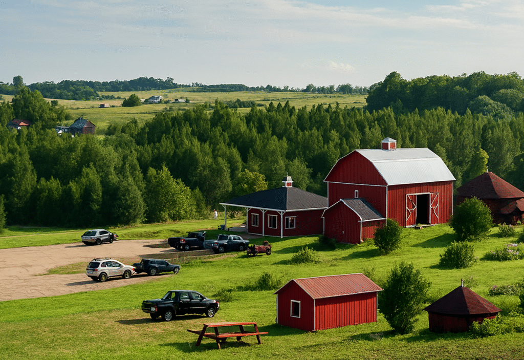 Red barn and buildings on a farm with picnic table and forest in background