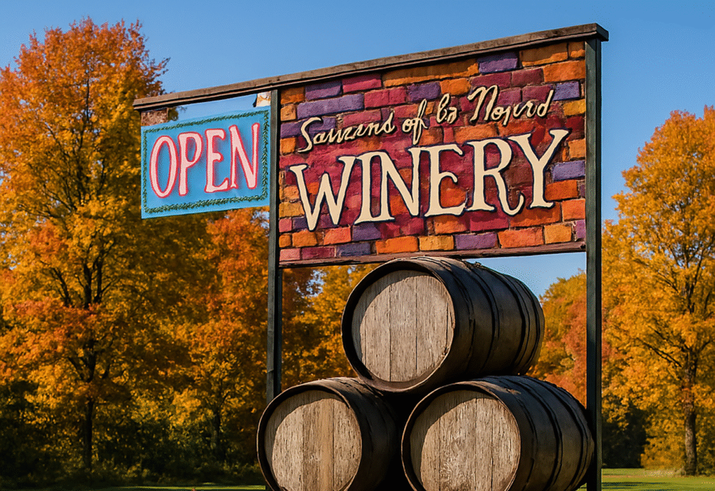Winery sign with barrels and autumn trees