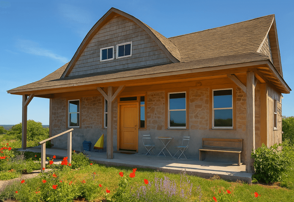 Rustic house with wooden porch and garden flowers