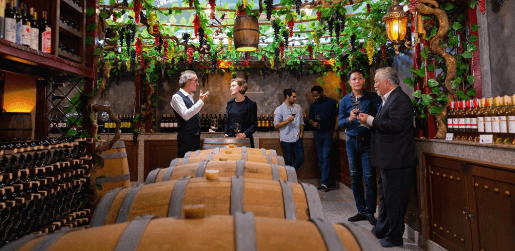 Wine cellar with barrels, grapevines, and guests tasting wine.