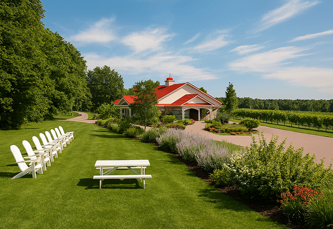  Scenic countryside retreat with white Adirondack chairs, picnic table, flower-lined path, and red-roofed building near vineyard under sunny skies.