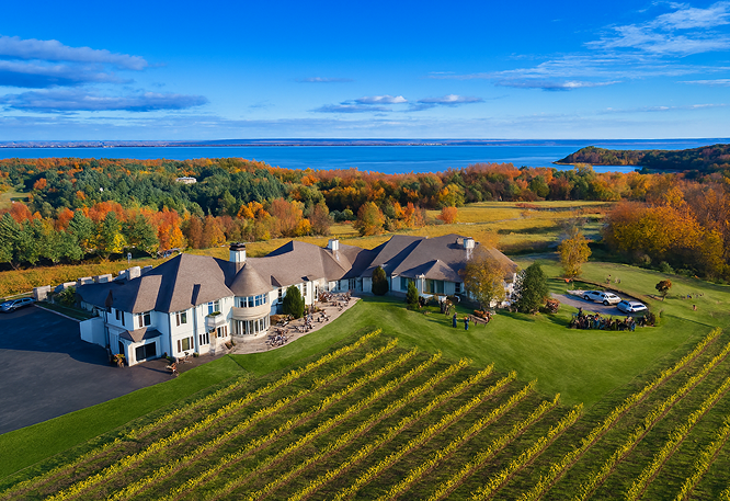 Luxurious countryside estate with autumn foliage, vineyard rows, and guests gathered on manicured lawn near lakefront mansion.