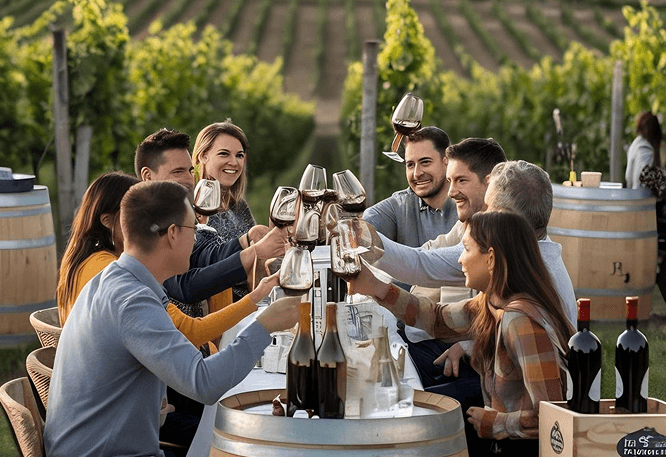 Group of friends toasting wine at a vineyard table surrounded by grapevines, wine barrels, and scenic countryside
