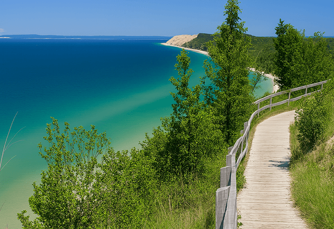 Coastal boardwalk winding along a cliffside with lush greenery and turquoise lake views under a clear blue sky