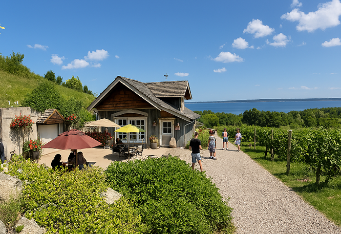 Rustic vineyard tasting room with shaded patio, guests enjoying wine, gravel path, and lake view under blue sky.