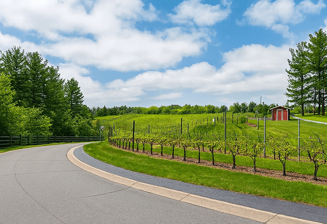  Vineyard with a curved road, grapevines, red shed, and pine trees under a blue sky.