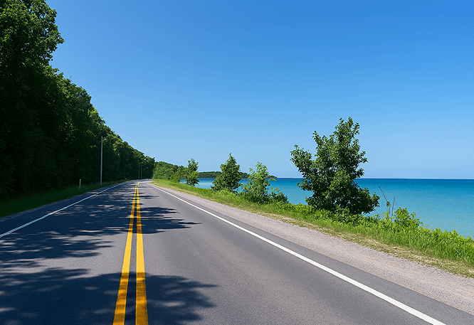 Scenic two-lane road beside a turquoise lake with forested shoreline under clear blue sky, midday lighting