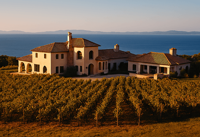 Luxury house with vineyard and ocean view at sunset.