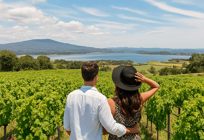 Couple admiring scenic vineyard view with lake and hills under blue sky