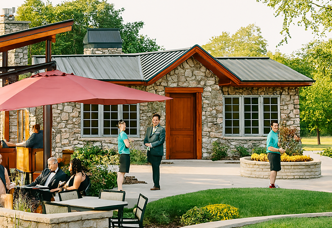 Rustic outdoor café with stone façade, red umbrella, and staff in teal uniforms serving guests amid lush greenery.