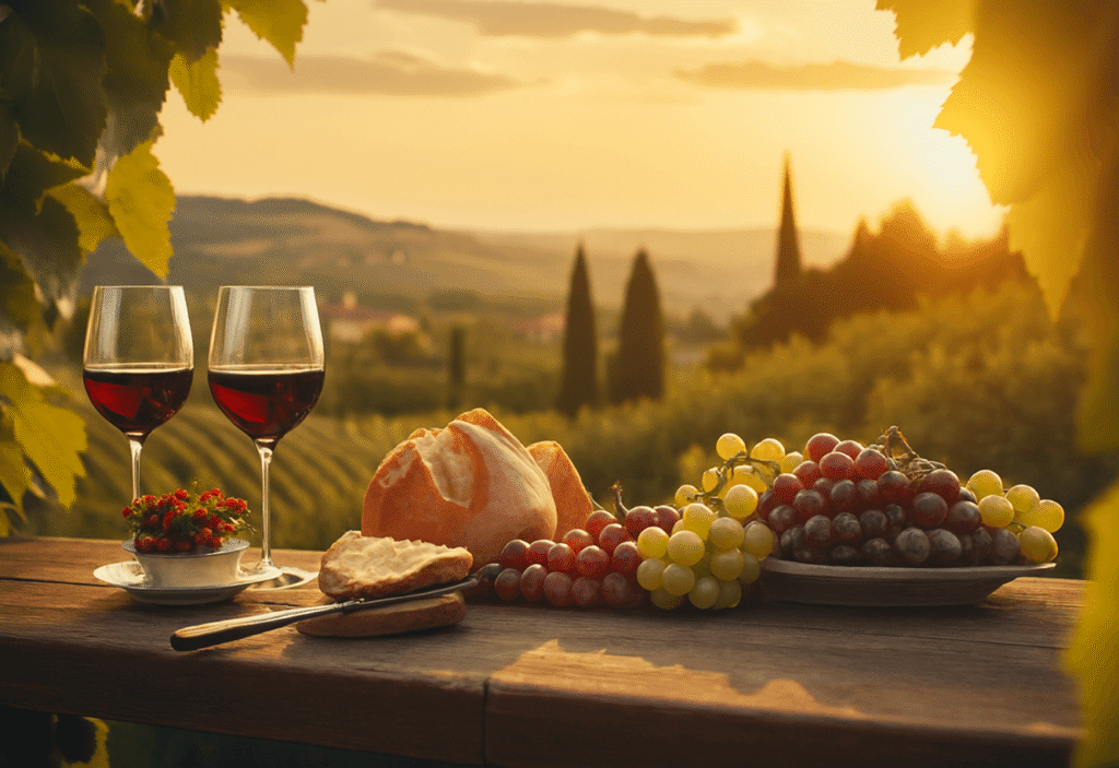 Rustic wooden table with red wine, bread, grapes, and cheese overlooking a vineyard at sunset with golden sky and cypress trees