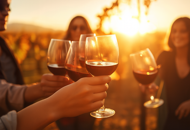 Group of friends toasting with red wine in a vineyard at sunset.