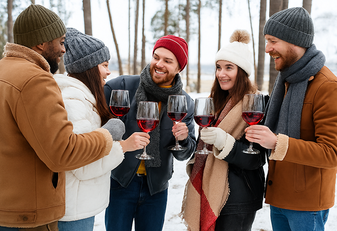 Group of five friends toasting with red wine in a snowy forest, dressed in winter clothing and smiling in a festive outdoor setting.